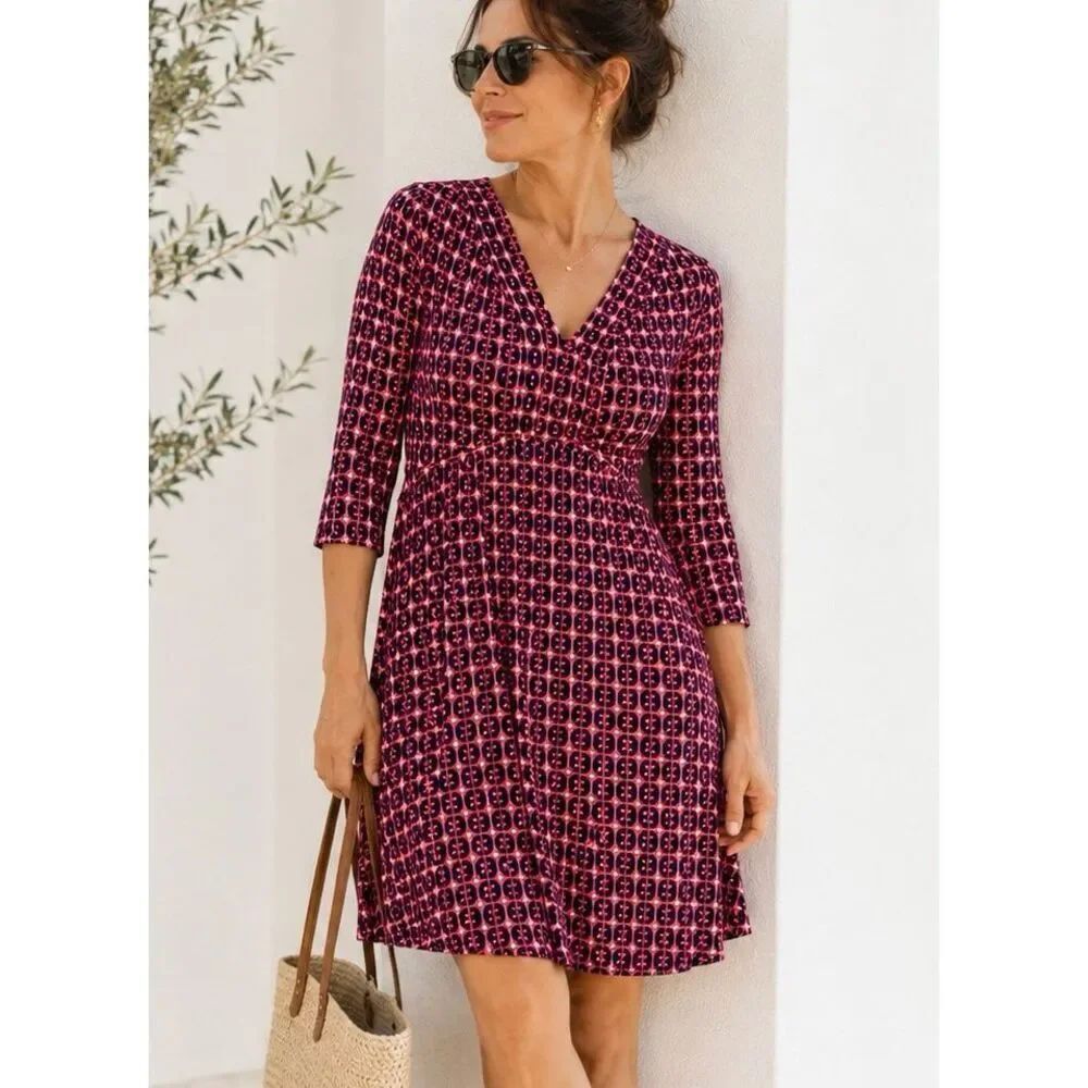 Boden Dorothy Geometric V Neck Jersey Dress Sz 10R Navy